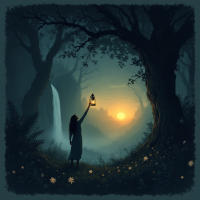 A figure stands in a forest at twilight, holding a lantern that illuminates the path as a waterfall cascades nearby, symbolizing hope and light in dark times.