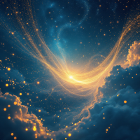 A bright sky filled with narrow, golden threads of fire crackling like heatless lightning, shifting and flickering above glowing clouds.