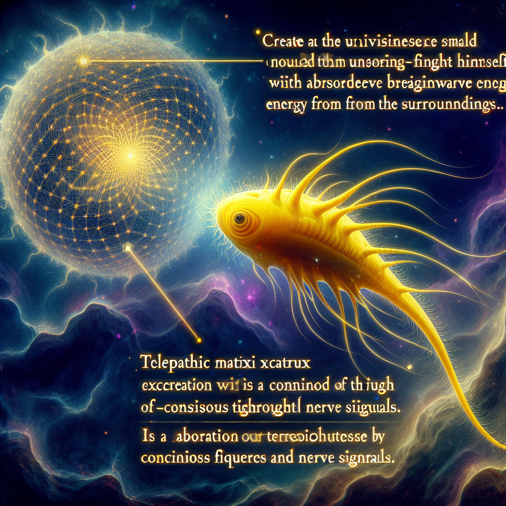 An artistic representation of a small, yellow, leech-like creature with tendrils and text describing its brainwave energy absorption and telepathic abilities against a cosmic background.