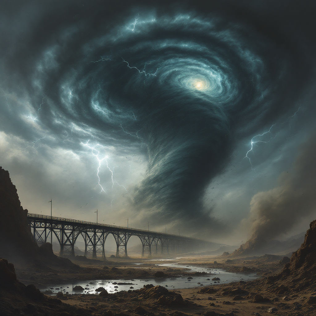 A colossal tornado spirals ominously above a bridge, with lightning illuminating a turbulent sky, capturing the chaos of a planet enswathed in storms.