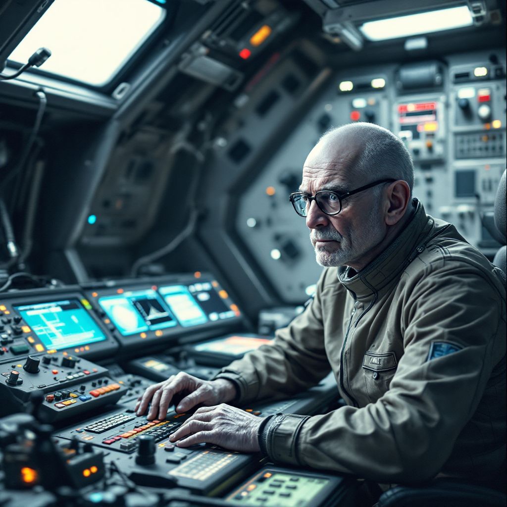 A small gray man sits in a dimly lit spaceship office, intently examining various gray instruments and controls, surrounded by screens and futuristic technology.