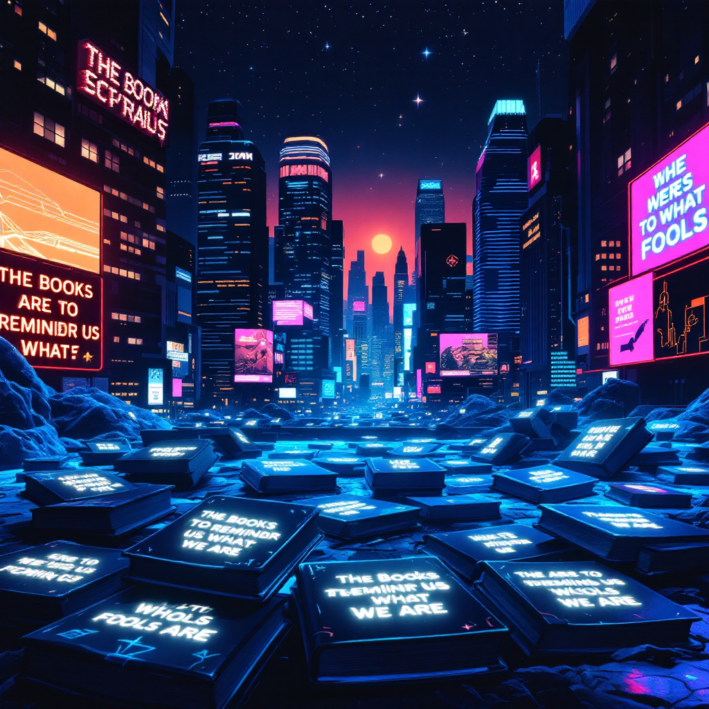 A vibrant cityscape at dusk, illuminated by neon signs and surrounded by open books. One prominent title reads, The books are to remind us what fools we are, reflecting on wisdom and folly.