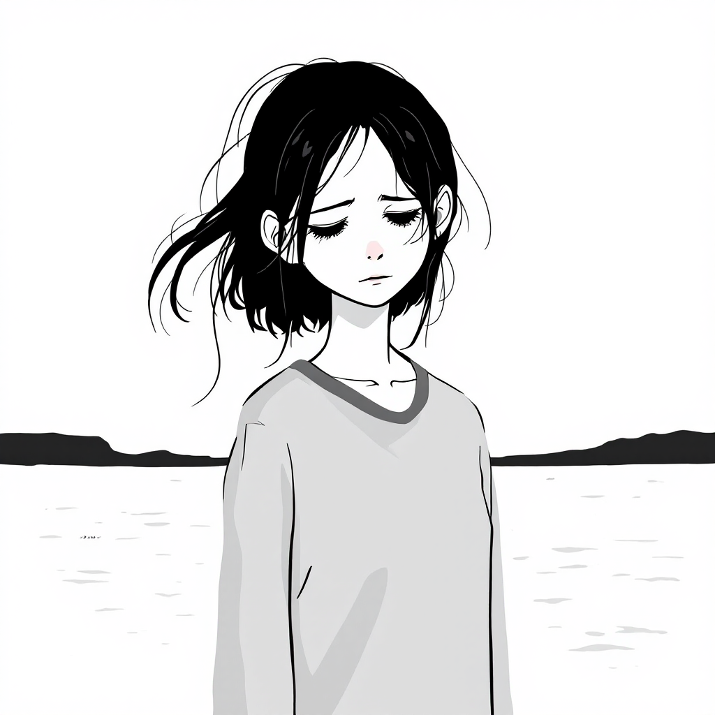 A melancholic girl stands by a tranquil water scene, her expression reflecting deep sorrow, embodying the quote’s theme of painful reflection on lost love.