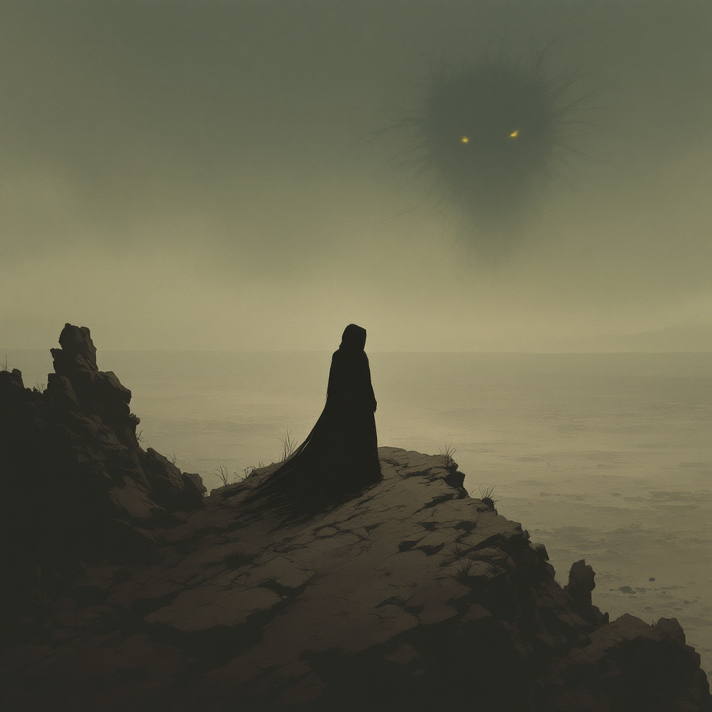 A cloaked figure stands on a rocky outcrop, gazing out at a misty landscape where a menacing shadow with glowing eyes looms in the background, embodying themes of self-interest and betrayal.