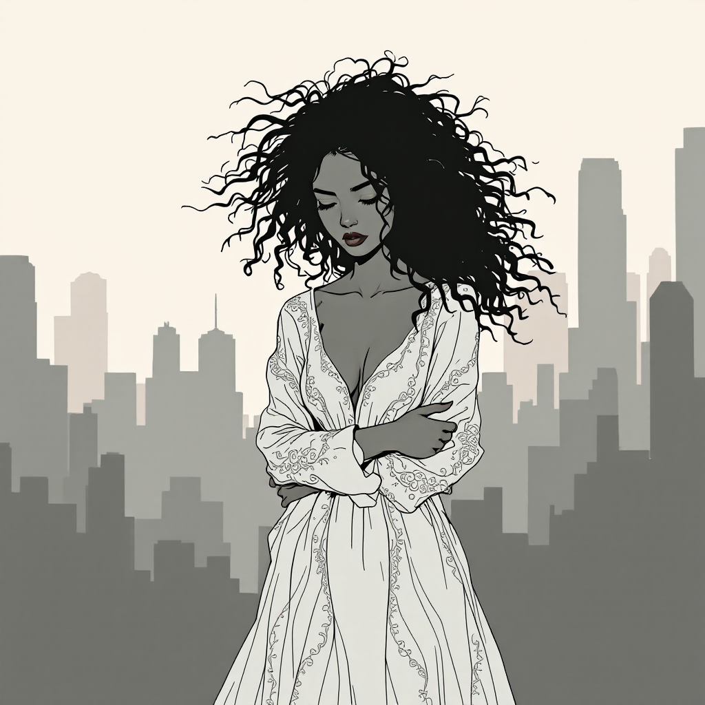 A woman with curly hair stands thoughtfully against a city skyline, embodying the quote about the wild girl within, whispering truths against the backdrop of a muted urban landscape.