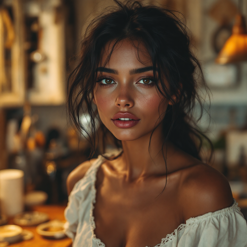 A young woman with natural beauty and warm features stands confidently in a cozy kitchen, embodying resilience and self-acceptance.