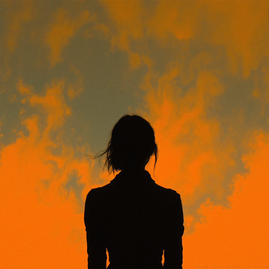Silhouetted figure stands against an orange sky with dark clouds, evoking a mood of distance and unfamiliarity.