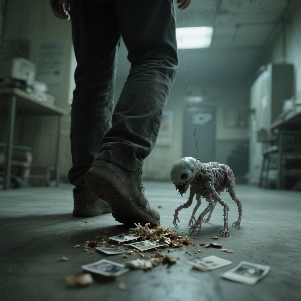 A small, skeletal, pale creature resembling a memory-consuming parasite follows a person's feet in a dim, cluttered room scattered with torn photographs.