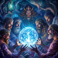 A dramatic scene depicts gods gathered around a glowing orb, their expressions revealing a mix of awe and realization about their own mortality, echoing themes of humanity and divinity.