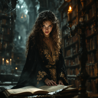 A mysterious woman in a dark, ornate cloak gazes intently at an ancient book in a dimly lit library, embodying the spirit of the quote, I solemnly swear that I am up to no good.