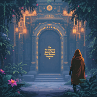 A cloaked figure stands before an ornate, mysterious doorway adorned with glowing symbols and surrounded by lush greenery, echoing the quote, The Emperor’s Secret must be protected.