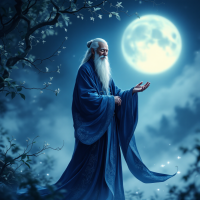 A wise figure in flowing blue robes stands under a bright full moon, embodying the quote about learning from experience rather than distorted perspectives. Soft, mystical surroundings enhance the scene.