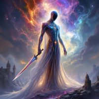 A figure enveloped in ethereal colors wields a glowing sword, embodying the essence of strength and purpose, reflecting the quote about a blade's potential resting in its wielder.