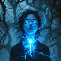 A young woman with glowing blue eyes stands amidst dark, twisted trees, illuminated by vibrant blue lightning that symbolizes the shedding of false identities.