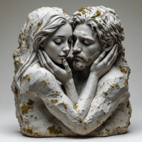 A sculptural depiction of a couple embracing intimately, their faces close together, symbolizing the beauty found in imperfections and deep connection.