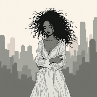 A woman with curly hair stands thoughtfully against a city skyline, embodying the quote about the wild girl within, whispering truths against the backdrop of a muted urban landscape.