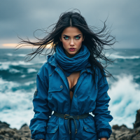 A determined woman stands on rocky shores, windswept hair framing her intense gaze. Dressed in a blue jacket and scarf, she embodies strength amidst turbulent seas, ready to fight for her heart.