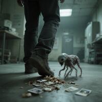 A small, skeletal, pale creature resembling a memory-consuming parasite follows a person's feet in a dim, cluttered room scattered with torn photographs.