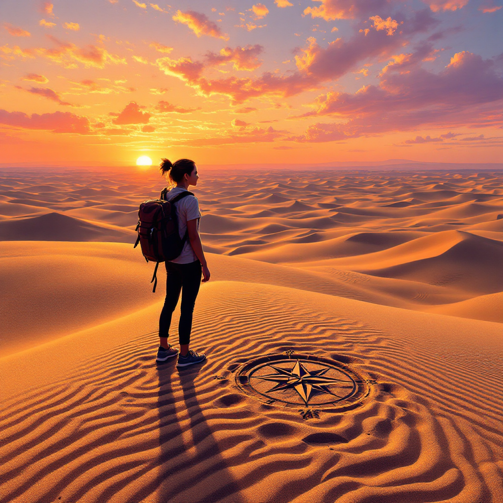 A lone traveler stands on wind-swept sand dunes at sunset, gazing at a compass design etched in the ground, embodying the spirit of adventure waiting to be explored.