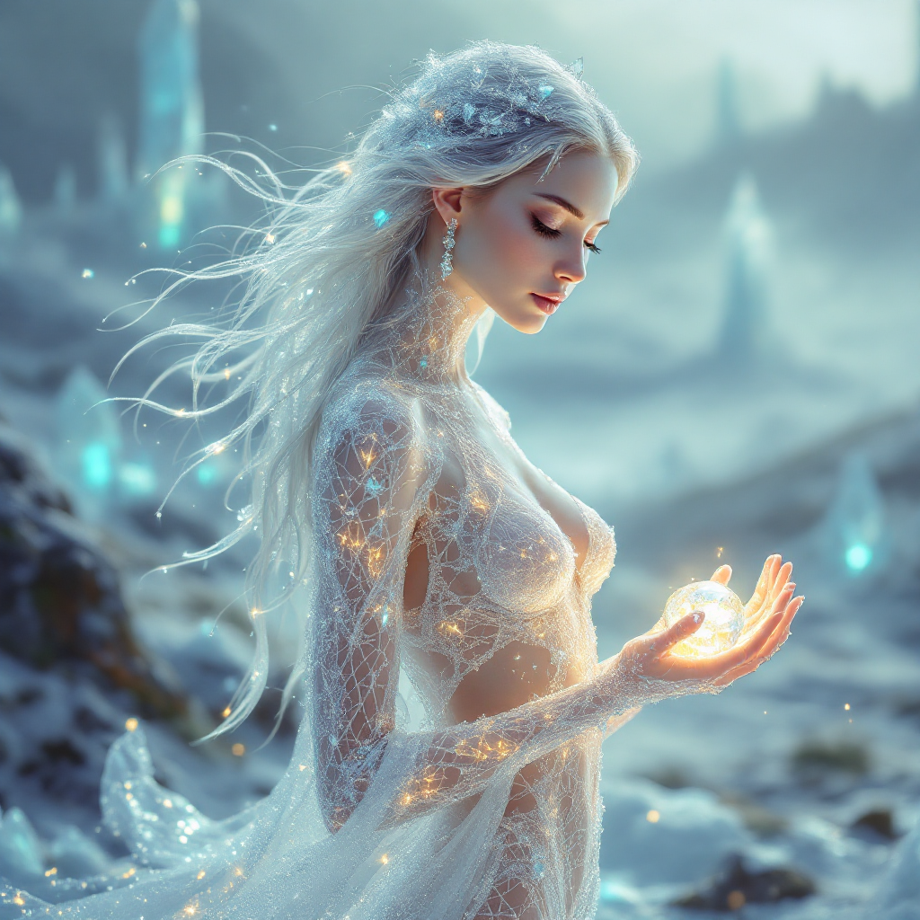 A ethereal figure with flowing, glimmering hair stands in a snowy landscape, cradling a glowing orb, embodying strength and serenity amidst the majestic, icy surroundings.