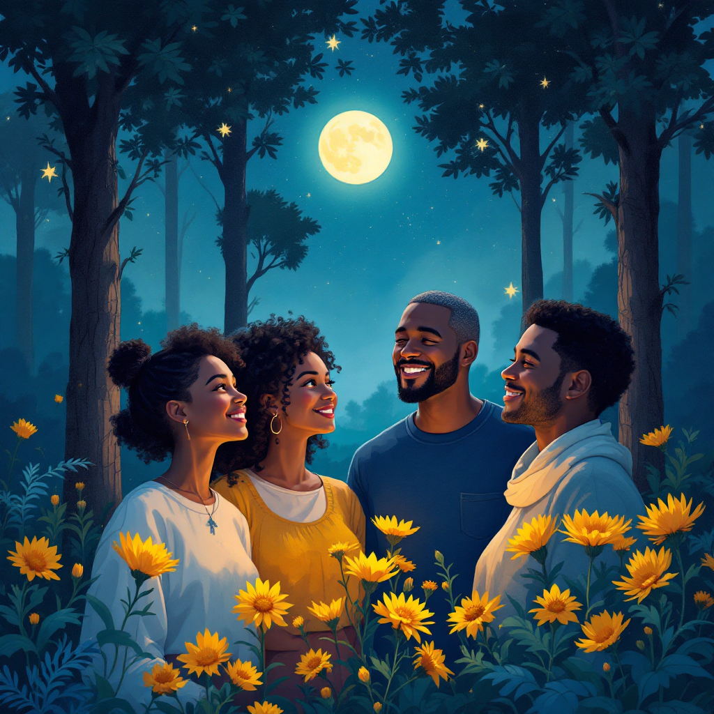 A serene night scene features four friends smiling at each other, surrounded by lush trees and bright sunflowers, under a glowing moon, embodying the quote about the importance of companionship.