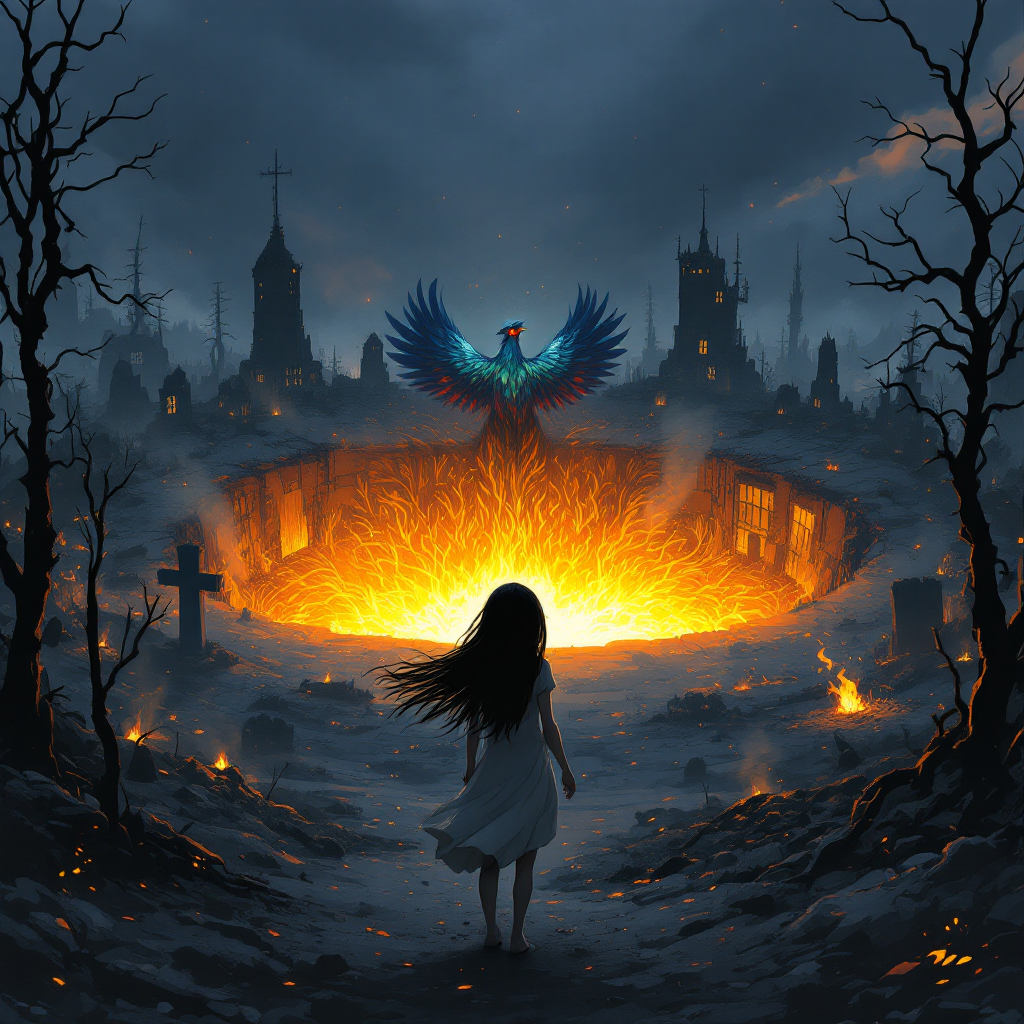 A girl in a white dress stands before a fiery pit, surrounded by ruins and skeletal trees, as a phoenix soars above, embodying renewal from destruction.