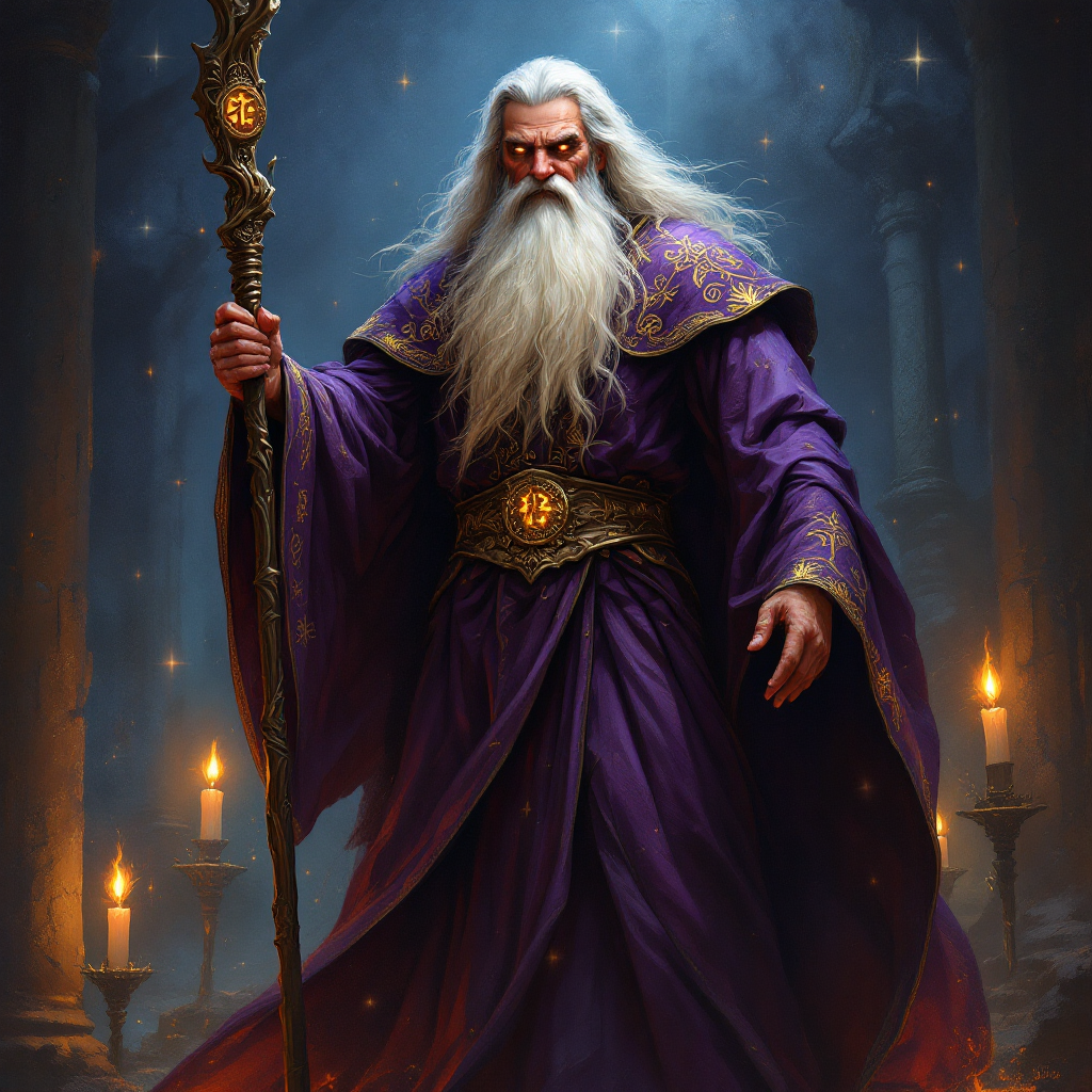 A powerful wizard with long white hair and a flowing purple robe stands in a dimly lit ancient setting, grasping a staff adorned with glowing symbols, evoking a mystical atmosphere.