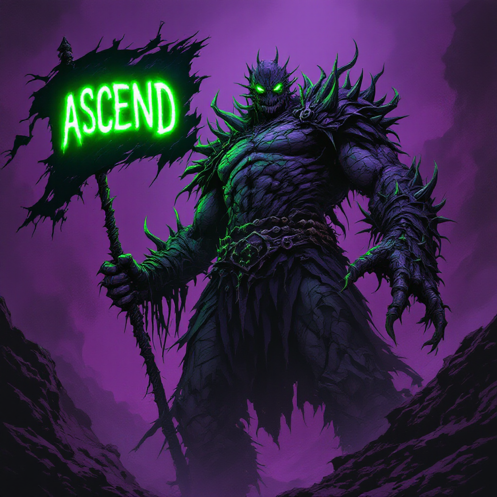 A towering, spiky figure stands in a dark, misty landscape, holding a glowing green sign that reads ASCEND, embodying ambition amid the illusions of war and peace.