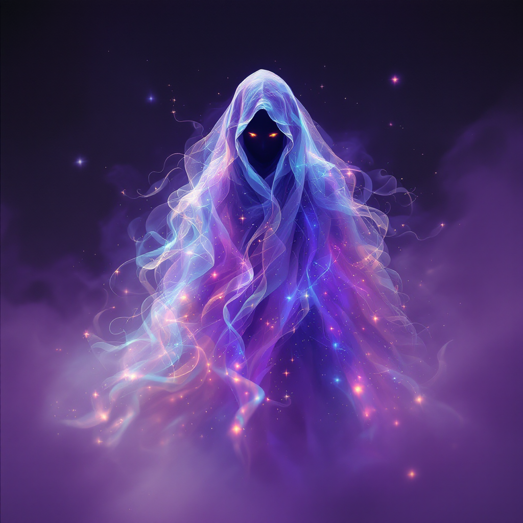 A mysterious figure shrouded in ethereal, swirling mist with flowing hair and glowing accents, embodying the quote's themes of distrust and inner uncertainty.