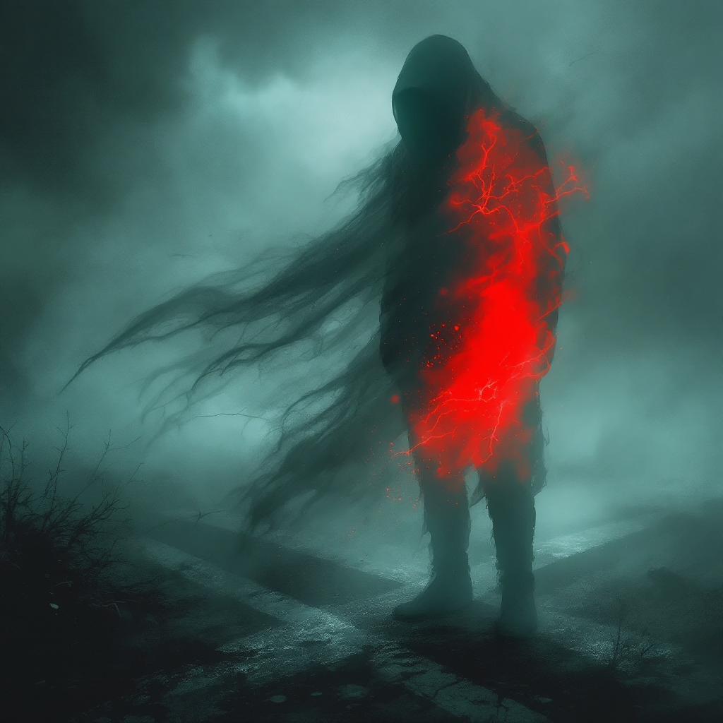 A shadowy figure stands amidst a foggy landscape, with glowing red energy emanating from its core, symbolizing the weight of actions and inactions intertwined with accountability.