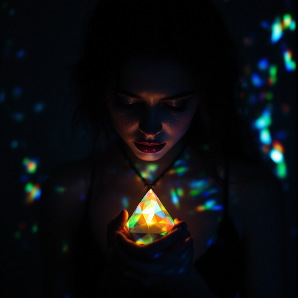 A woman holds a glowing, multicolored pyramid in a dimly lit setting. Light refracts around her, creating a kaleidoscope of colors, reflecting the idea that truth may not always be comforting.