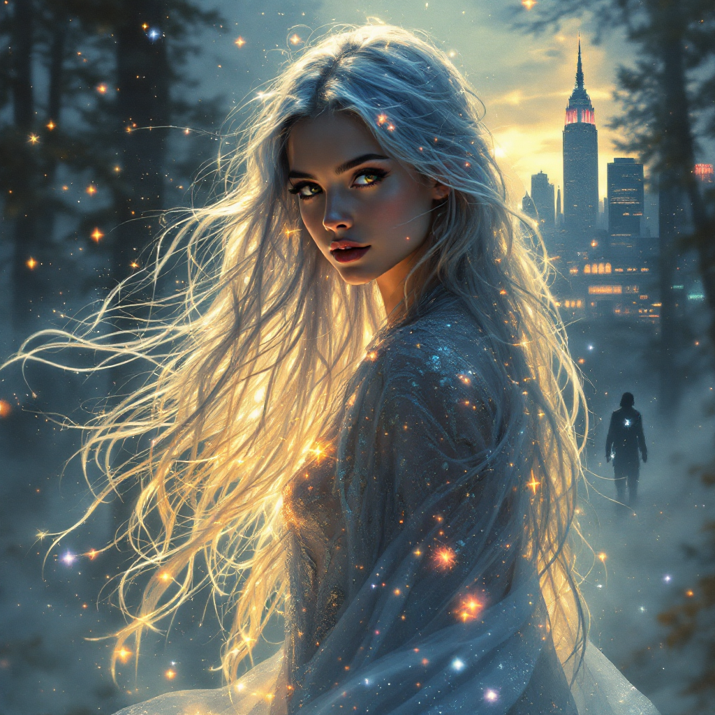 A mystical woman with flowing silver hair stands amidst a forest, illuminated by ethereal light, as a silhouetted figure and a city skyline appear in the background, embodying dualities of struggle and strength.