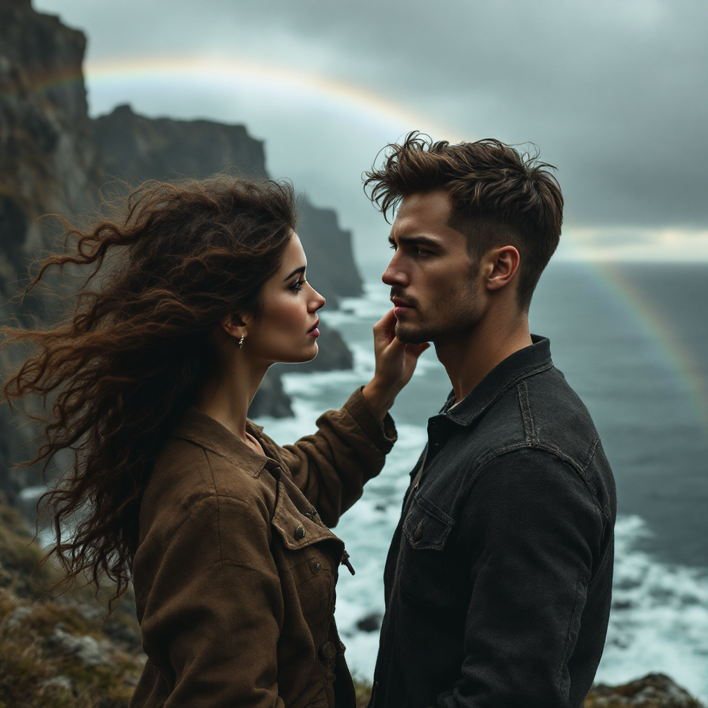 A couple stands close by a rugged coastline under a moody sky, as a rainbow appears in the background, embodying the quote about the risk and reward of love.