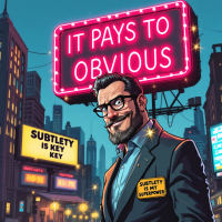 A confident man in a suit stands in a cityscape, smiling with signs around him that say “IT PAYS TO BE OBVIOUS” and “SUBTLETY IS KEY, highlighting the quote's playful contradiction.