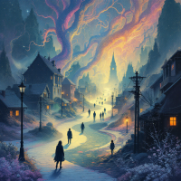 A mystical village pathway winds through shadowy houses, illuminated by a vibrant, swirling sky. Figures traverse the scene, embodying the evolving nature of language as a living entity.