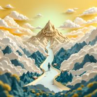 A winding path leads toward a majestic mountain, with the phrase Greatness Awaits in the sky, symbolizing resilience and the journey from failure to success.