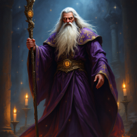 A powerful wizard with long white hair and a flowing purple robe stands in a dimly lit ancient setting, grasping a staff adorned with glowing symbols, evoking a mystical atmosphere.