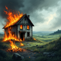 A burning wooden house amidst a lush green landscape under a dramatic sky, symbolizing destruction and the potential for new growth, inspired by the quote about transformation.