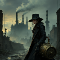 A lone figure in a dark coat and hat stands in a desolate industrial landscape, embodying the weight of grief as they navigate a world shrouded in smoke and shadows.