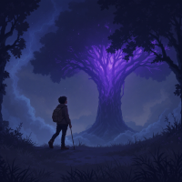 A person stands before a glowing, ethereal tree radiating purple light in a dark forest, its details shifting and elusive as if defying clear observation.