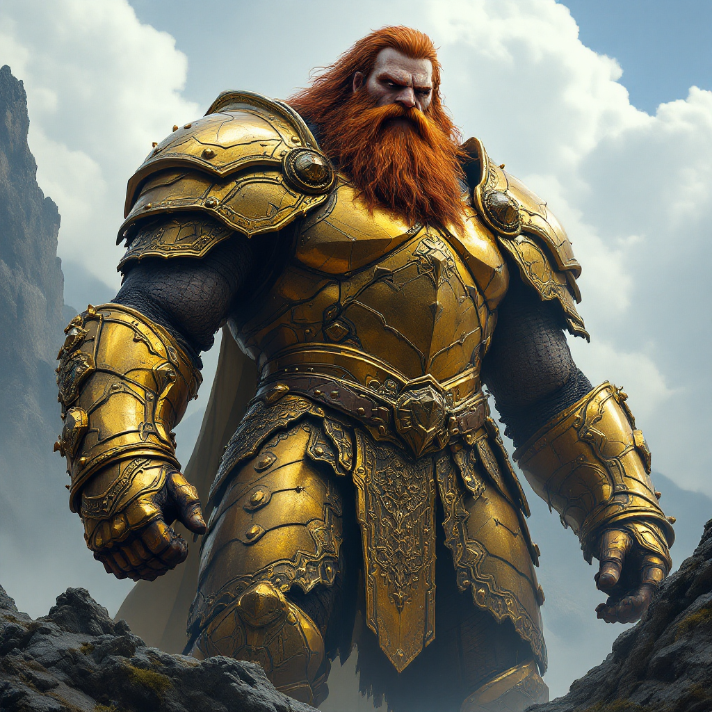 A towering warrior with a long auburn beard stands majestically in heavy golden armor, reminiscent of the protective hull of an IAG war cruiser, set against a dramatic sky.