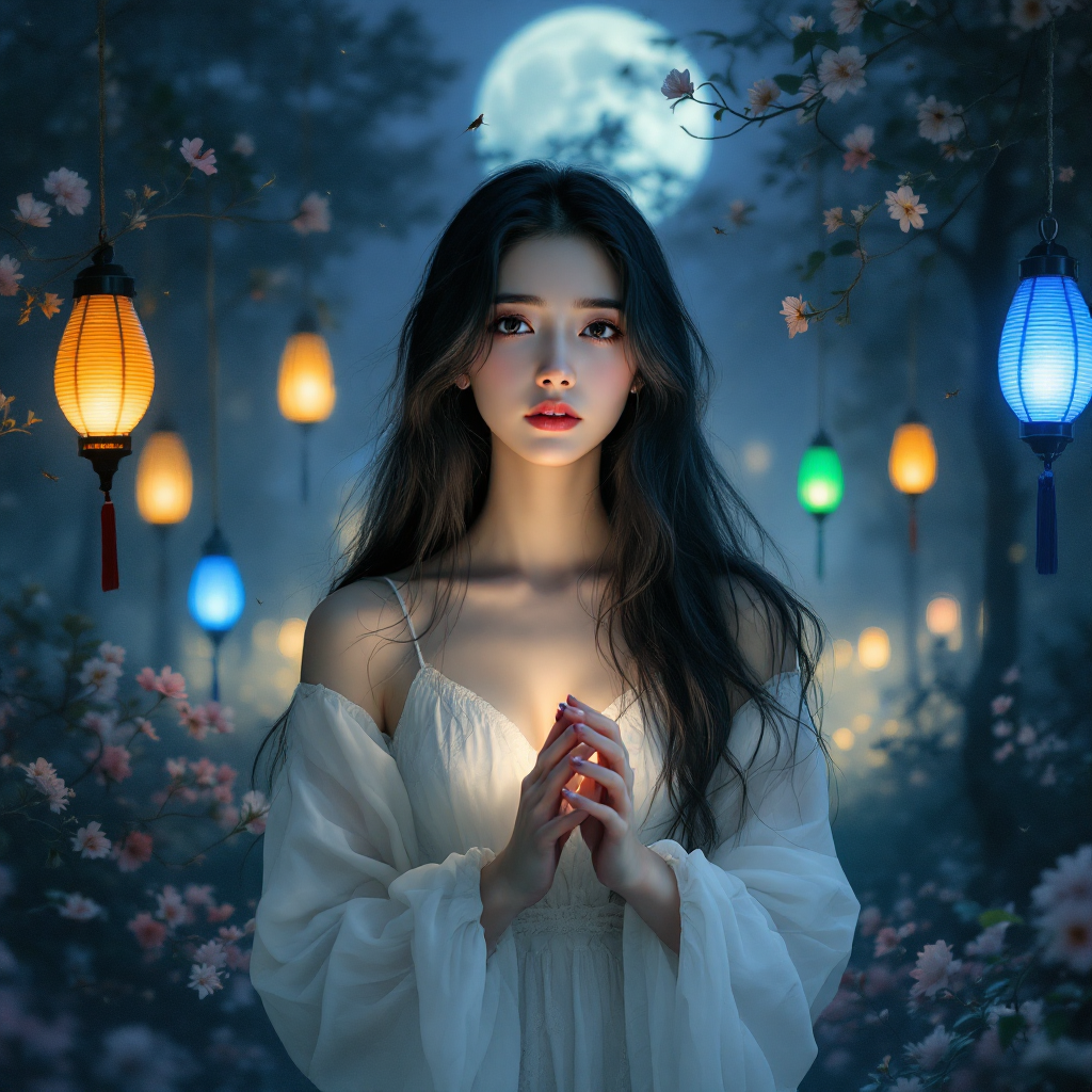 A young woman in a flowing white dress stands in a moonlit forest, surrounded by glowing lanterns and blossoms, embodying a sense of introspection and serenity amidst the night.