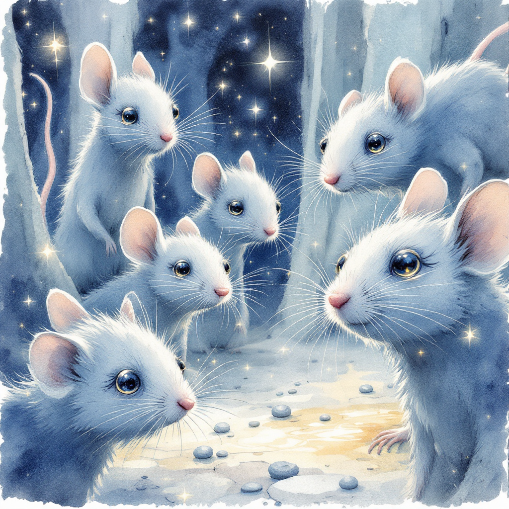 A group of whimsical, glowing mice gazes in wonder at their surroundings, embodying the idea of hyper-intelligent beings from a different dimension. Stars twinkle in the background.