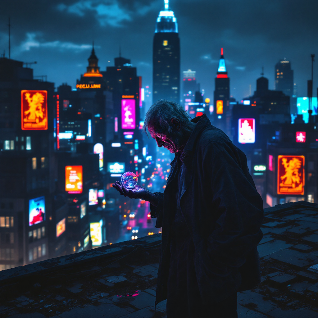 A figure stands on a rooftop at night, gazing contemplatively at a glowing object in hand, with a vibrant city skyline in the background, reflecting on the meaning of life.