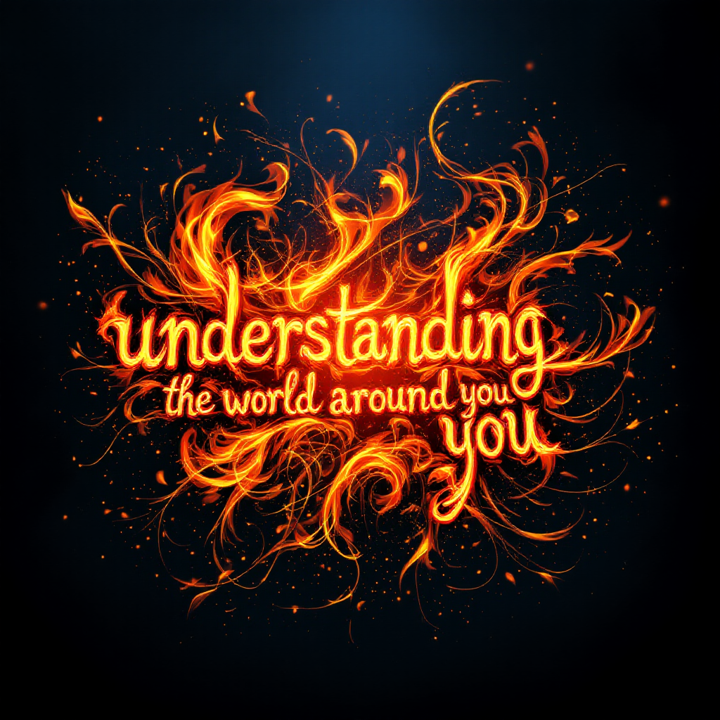 An artistic depiction featuring the phrase understanding the world around you in fiery, flowing typography against a dark background, symbolizing the power of writing and reflection.