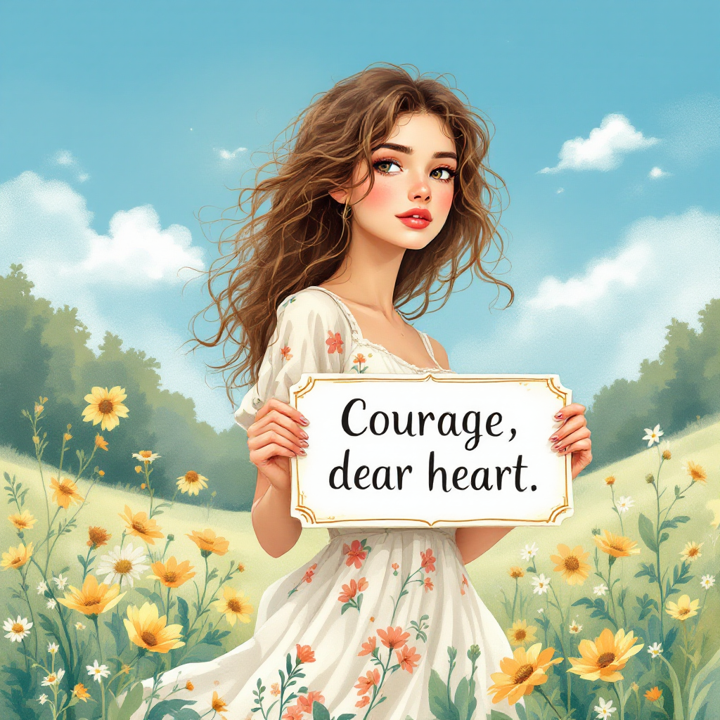 A young woman in a floral dress stands in a sunlit field filled with daisies, holding a sign that reads Courage, dear heart, against a backdrop of a blue sky and gentle hills.