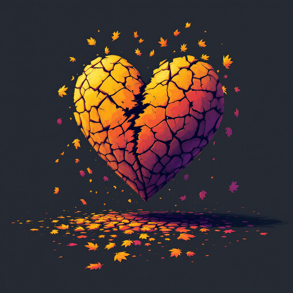 A vibrant, cracked heart radiates shades of orange and purple, surrounded by falling leaves, symbolizing the pain of a broken heart and the loss of one's former self.