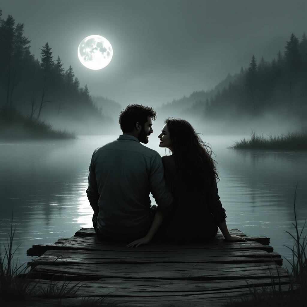 A couple sits on a wooden dock at night, silhouetted against a serene lake and a glowing full moon, embodying friendship, laughter, and shared moments.