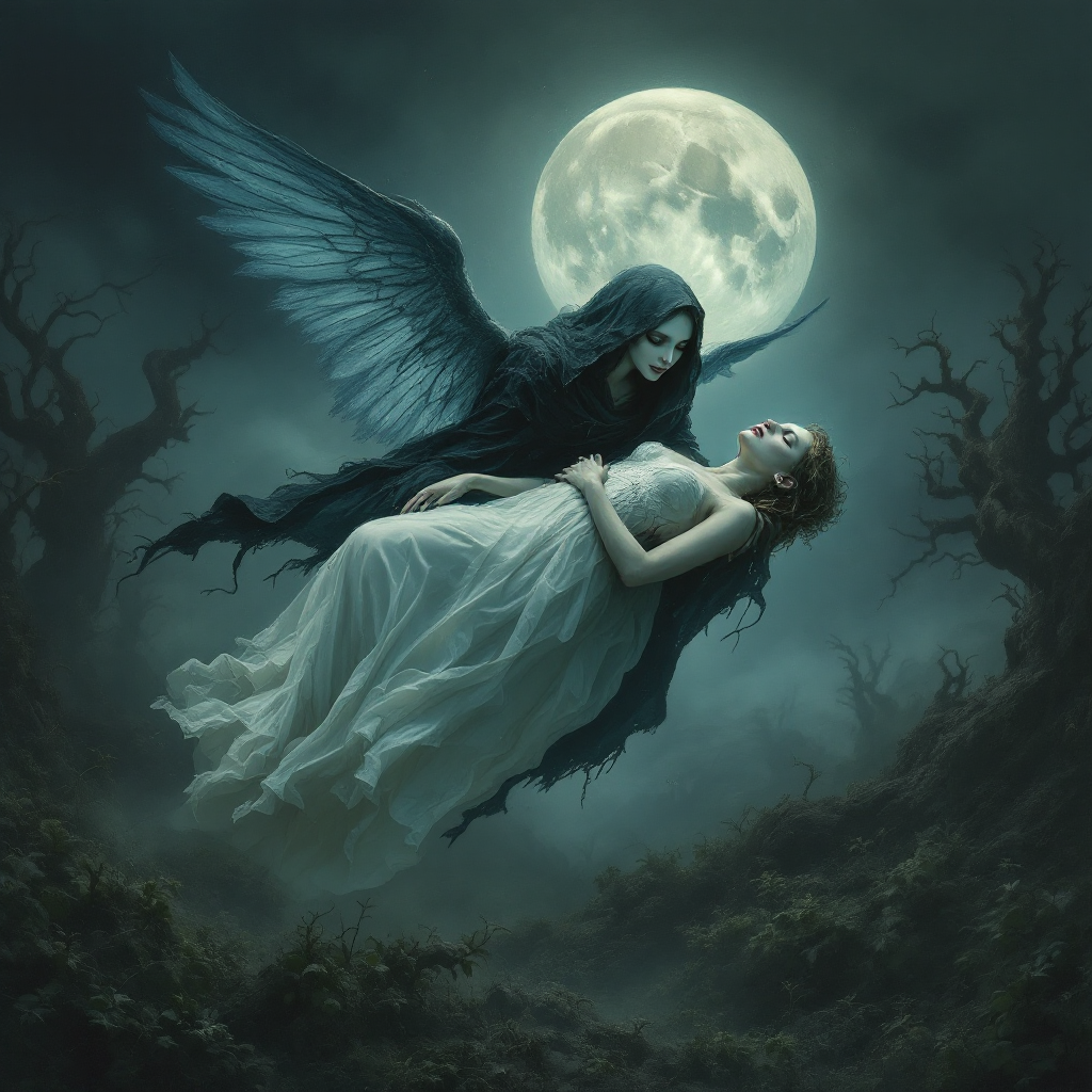 A dark, ethereal figure with wings cradles a lifeless woman in a moonlit landscape, symbolizing the quote about the soul and the body, in a haunting, mystical scene.