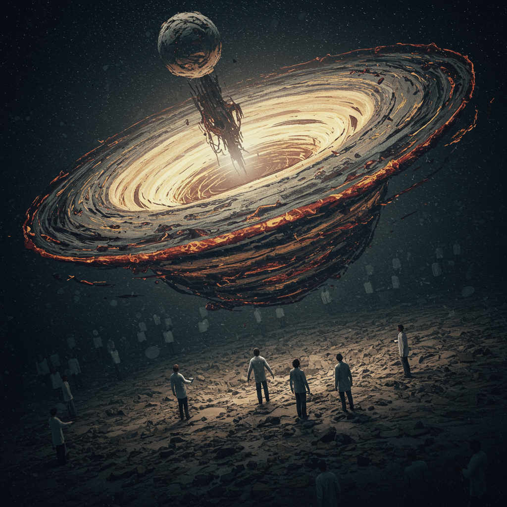 A dark, swirling black hole with twisting spikes looms over a circle of small human figures, depicting an unreachable, consuming void at the center of reality.